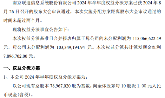 联迪信息2024年半年度权益分派每10股派现1元共计派发现金红利78967万元